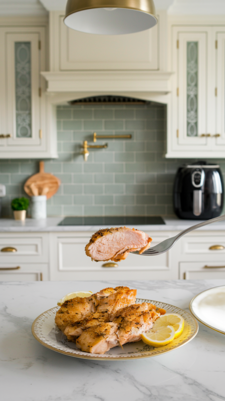 bite of Zesty Lemon Pepper Air Fryer Chicken Breast on a fork