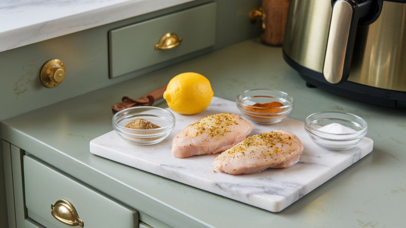 Zesty Lemon Pepper Air Fryer Chicken Breast recipe Ingredients laid out on a cutting board, featuring fresh lemons, chicken breasts, and small bowls of spices