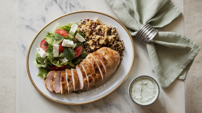 sliced Mediterranean chicken breast plated with a Greek salad and quinoa on a white and gold rimmed platter