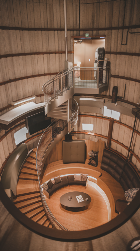 Multi-level silo interior, spiral staircase, efficient storage solutions, modern furnishings in curved space