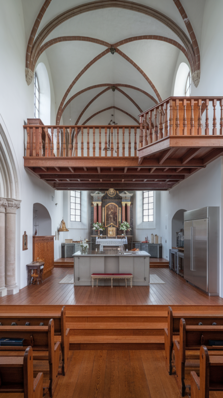 Open concept church home interior, original altar area transformed into grand kitchen