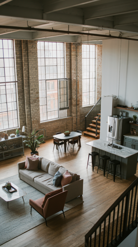 Open concept industrial loft layout