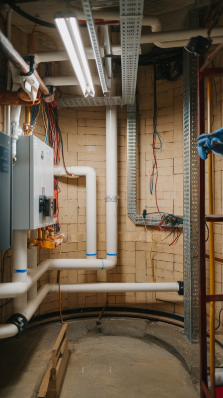 Plumbing and electrical installation in silo home, exposed utilities, organized wiring and pipes