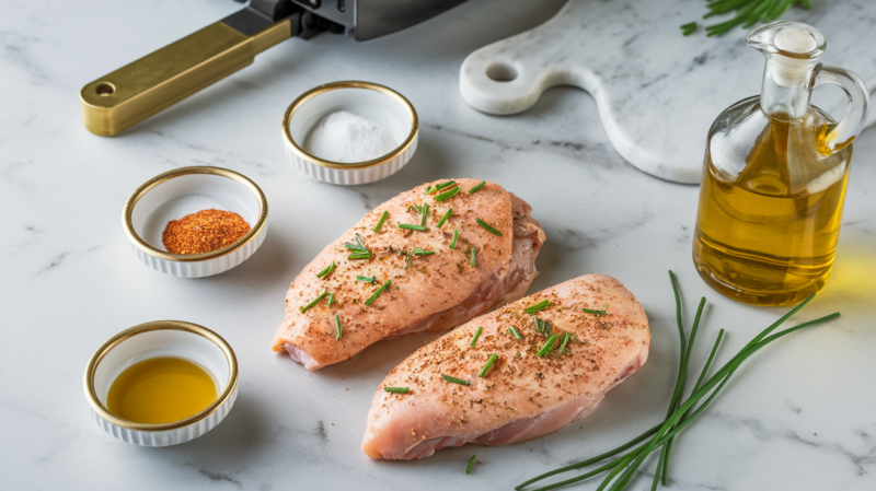 Ranch Seasoning Chicken Breast Air Fryer recipe Ingredients laid out on the white marble countertop