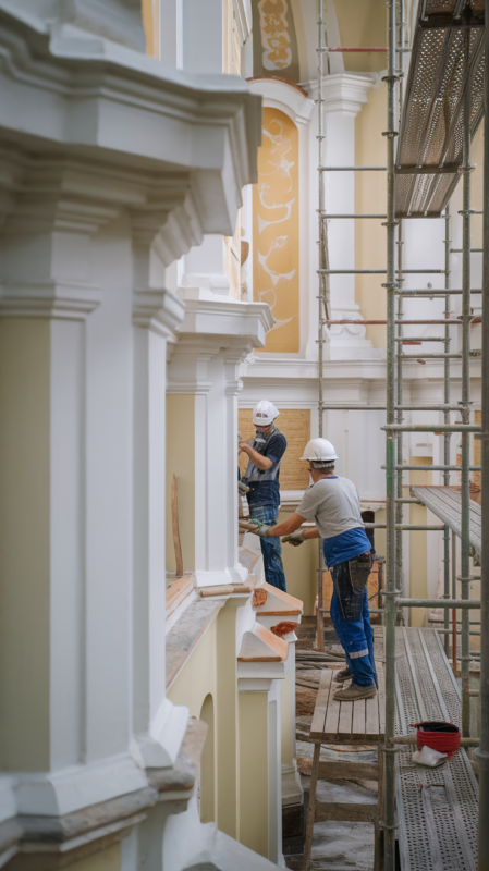 Renovation in progress, workers restoring church features