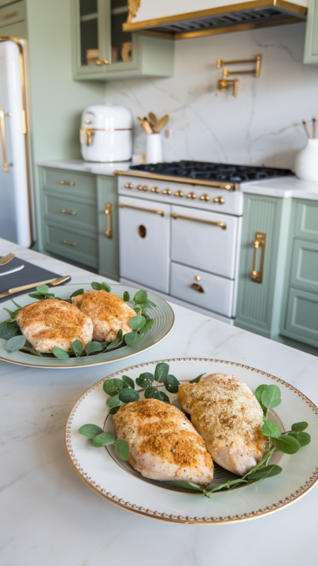 Side-by-side images of regular ranch seasoning chicken and the Parmesan ranch variation on white gold-rimmed plates