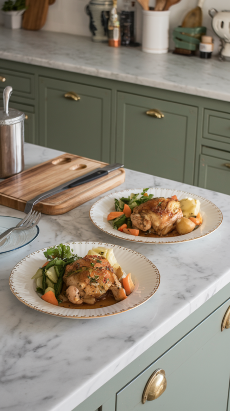 Side-by-side images of regular paprika and herb chicken thighs and the Hungarian-style variation on white gold-rimmed plates