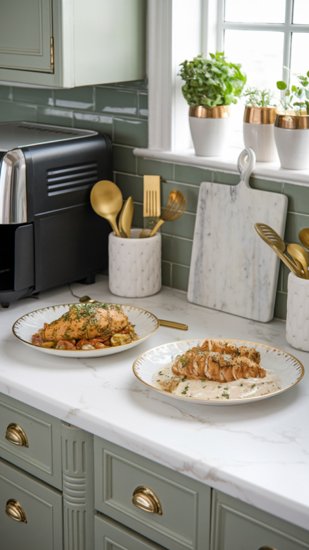 Chipotle Lime Chicken Breast Air Fryer recipe and the creamy chipotle variation on white gold-rimmed plates