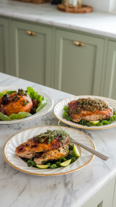 balsamic glazed chicken and the herb-infused variation on white gold-rimmed plates