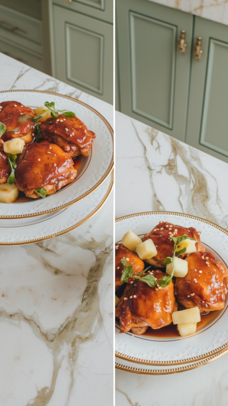 Air Fryer Sweet and Sour Chicken Thighs and the pineapple chunk variation on white gold-rimmed plates