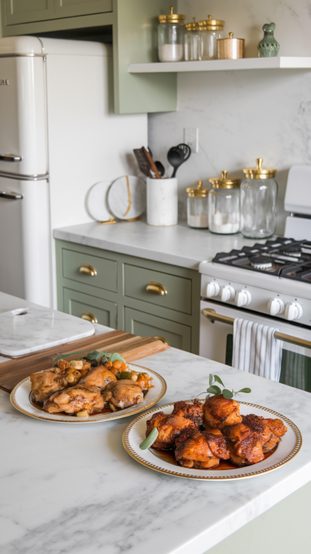 Honey Garlic Chicken Thighs Air Fryer and the spicy variation on white gold-rimmed plates