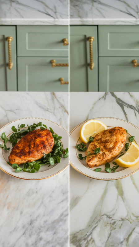 Air Fryer Spicy Cajun Chicken Breast and the lemon Cajun variation on white gold-rimmed plates