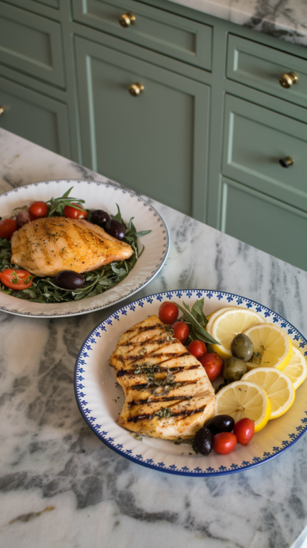 Mediterranean chicken and the Greek-style variation on white gold-rimmed plates