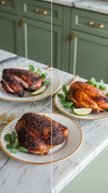 egular barbecue rubbed chicken and the sweet and spicy variation on white gold-rimmed plates