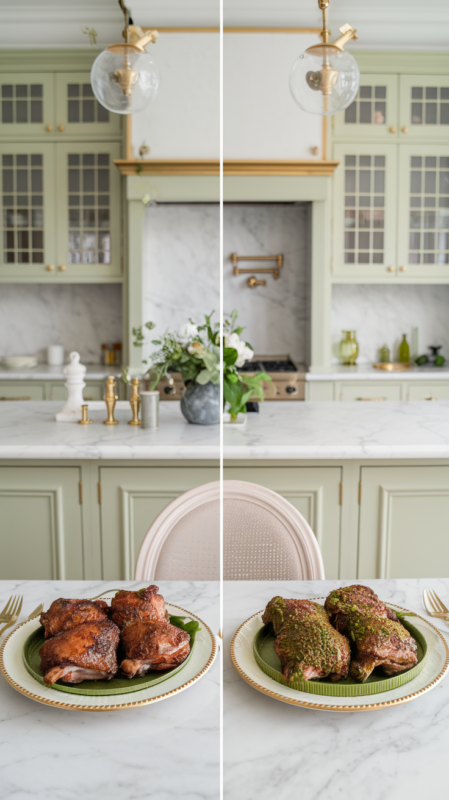 Air Fryer Tandoori Chicken Thighs and the green tandoori variation on white gold-rimmed plates