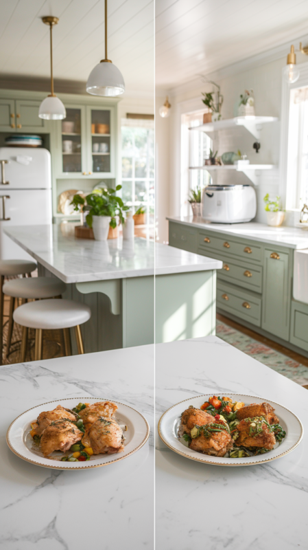 Air Fryer Lemon Rosemary Chicken Thighs and the lemon herb medley variation on white gold-rimmed plates