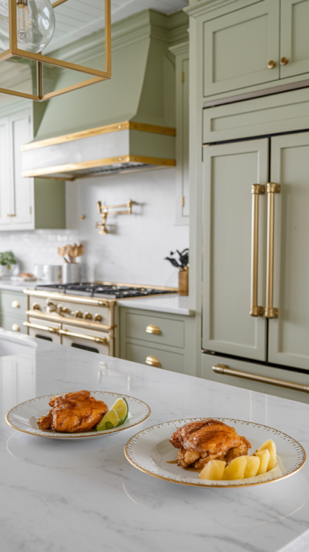 Side-by-side images of regular Air Fryer Teriyaki Chicken Thighs and the pineapple teriyaki variation on white gold-rimmed plates