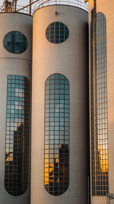 Various window styles in converted silo, light patterns on curved walls