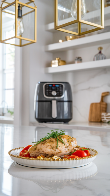 ranch seasoning chicken breast on a white gold-rimmed ceramic plate with a sprinkle of fresh chives and a side of cherry tomatoes