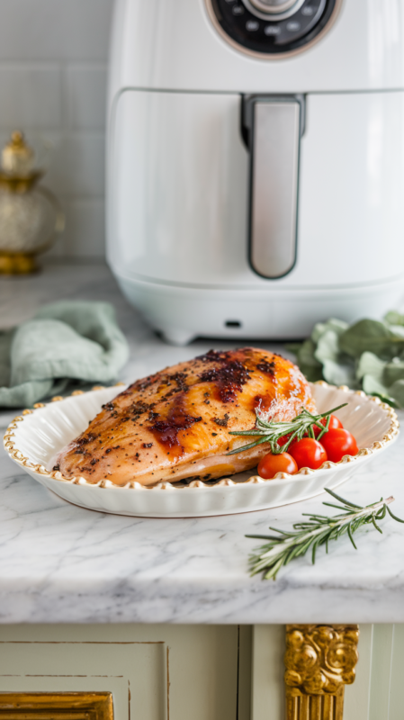 balsamic glazed chicken breast on a white gold-rimmed ceramic plate