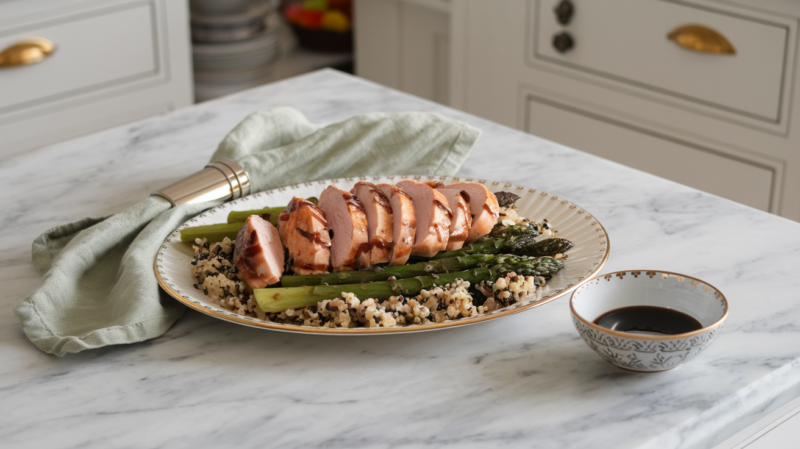 sliced balsamic glazed chicken breast plated with roasted asparagus and quinoa on a white and gold rimmed platter