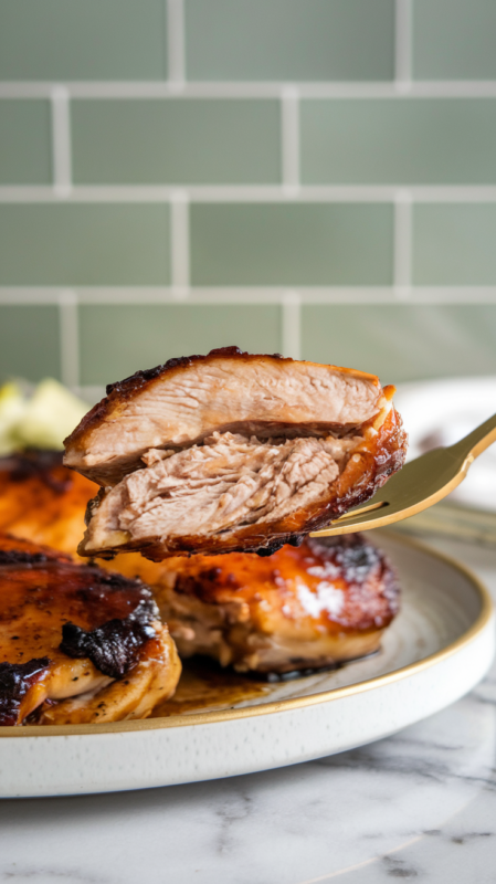 Close-up of a bite of balsamic glazed chicken on a gold fork