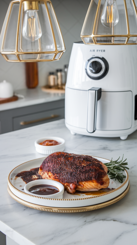 Air Fryer Barbecue Rubbed Chicken Breast on a white gold-rimmed ceramic plate