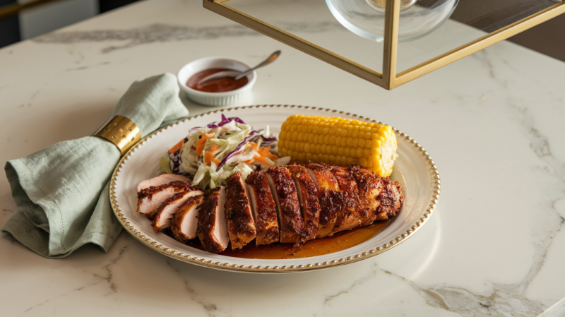 barbecue rubbed chicken breast plated with coleslaw and corn on the cob on a white and gold rimmed platter