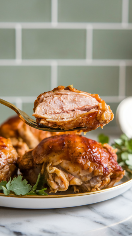 bite of Air Fryer Maple Dijon Chicken Thighs on a gold fork