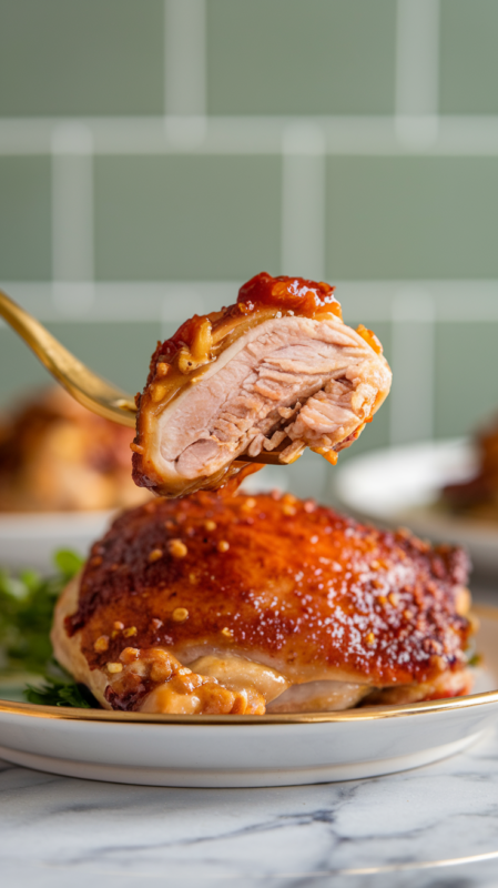bite of Air Fryer Sweet and Sour Chicken Thighs on a gold fork