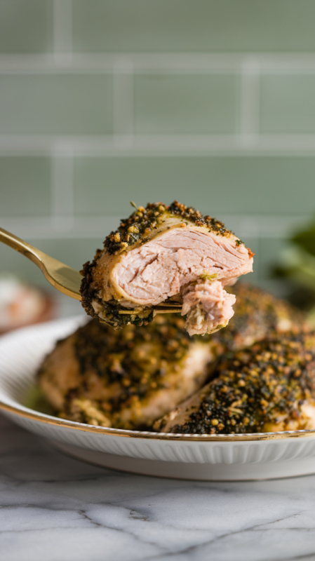 Close-up of a bite of Air Fryer Mediterranean Chicken Breast on a gold fork