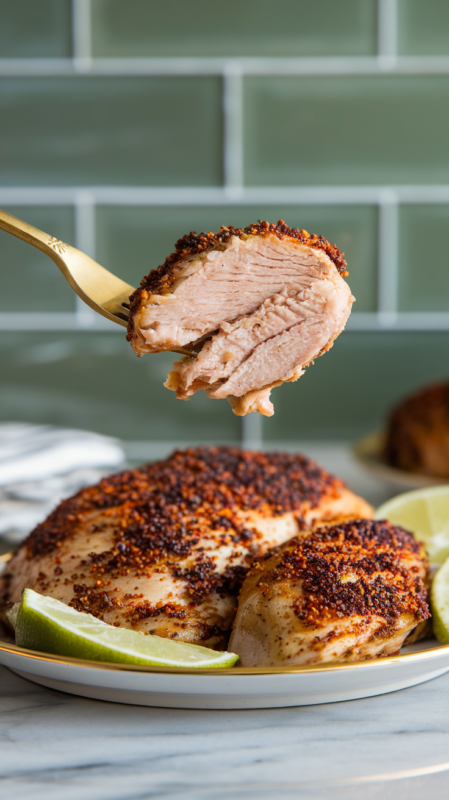 Close-up of a bite of chipotle lime chicken on a gold fork