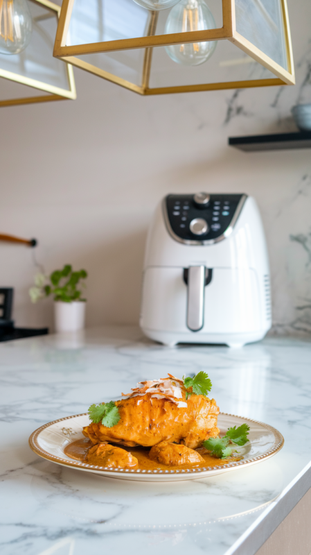 coconut curry chicken breast on a white gold-rimmed ceramic plate