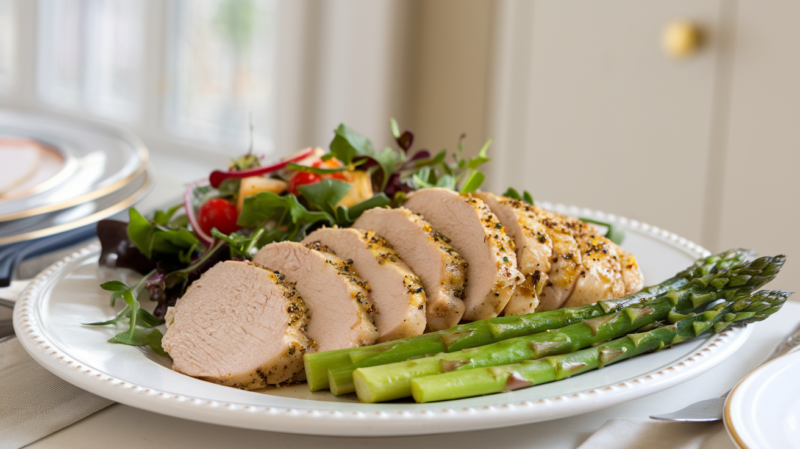 sliced lemon pepper chicken breast plated with a colorful salad and roasted asparagus