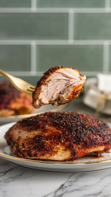 Air Fryer Barbecue Rubbed Chicken Breast on a gold fork