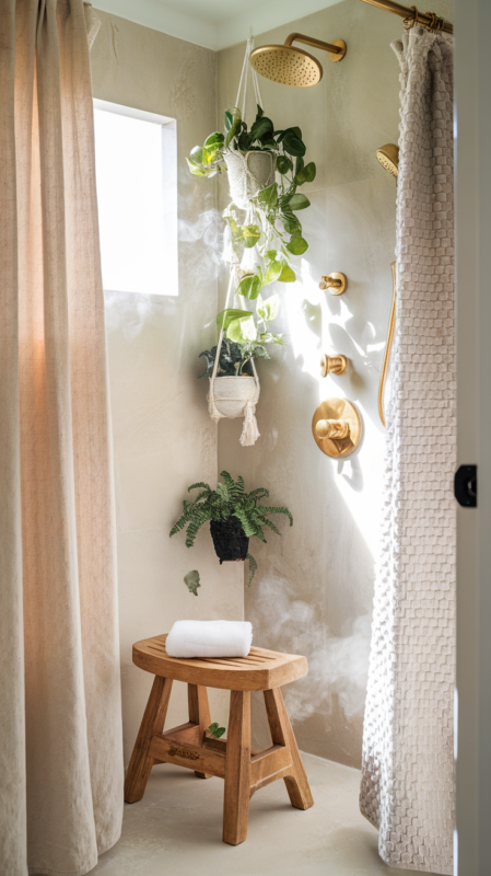 Bathroom corner featuring wooden bath stool, textured shower curtain, hanging plants, and gold shower fixtures