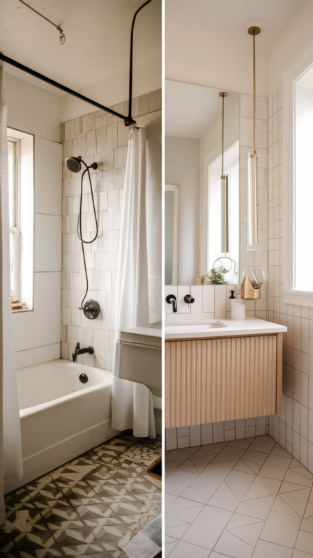 Before and after split image: dated bathroom transformation to Modern Neutral Bathroom design