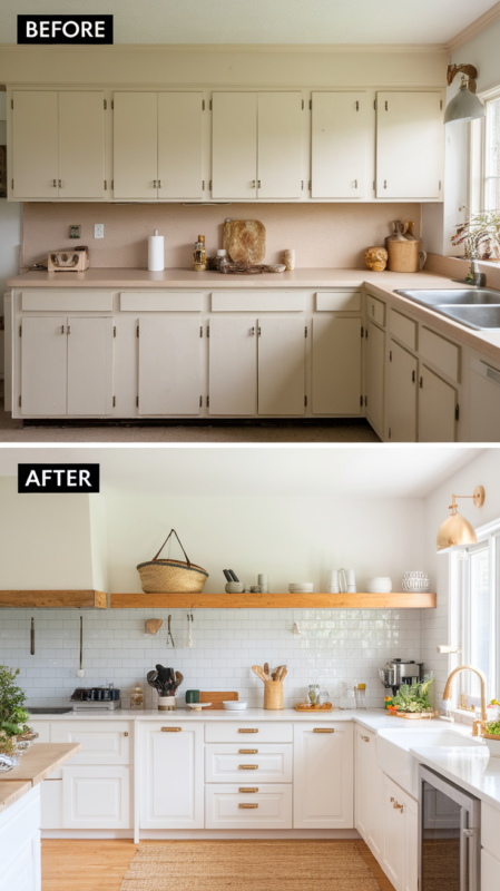 Before and after split image of boho kitchen decor transformation