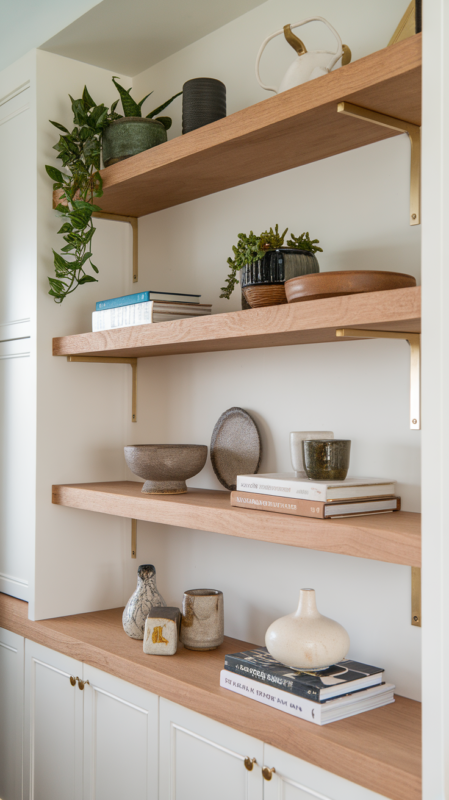 Built-in floating shelves in white oak