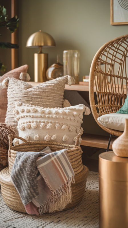 Close-up details of living room boho elements