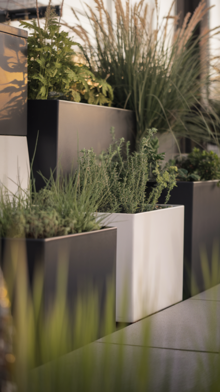 Close-up details of modern container garden elements