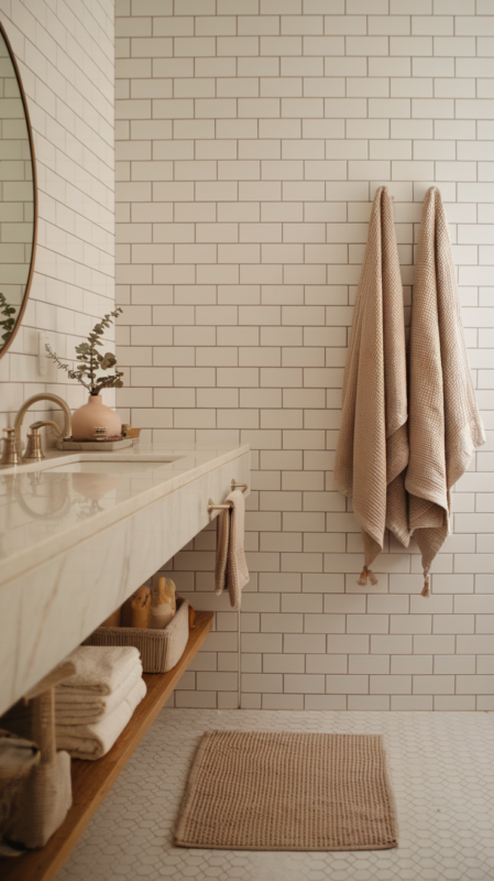 Close-up of various modern neutral bathroom textures