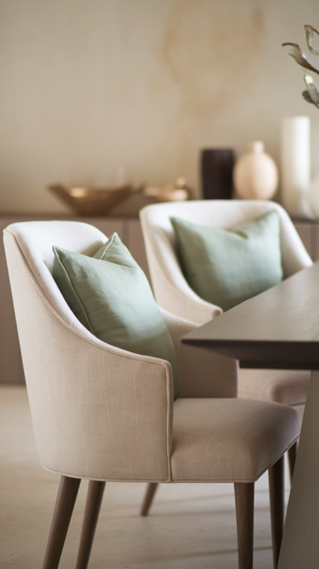 Comfortable upholstered dining chairs in natural linen