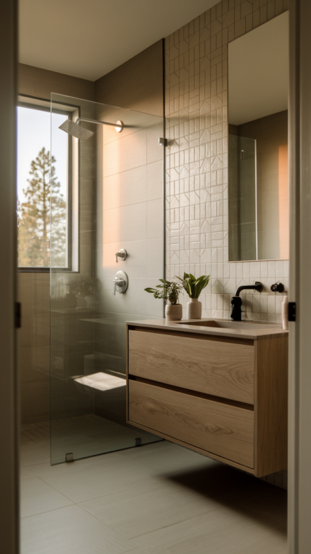 Completed modern neutral bathroom at golden hour