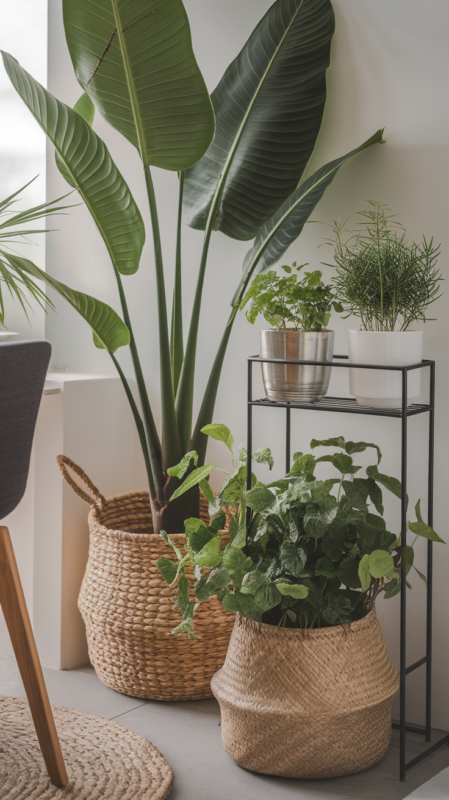 Curated corner featuring large floor plants in woven baskets