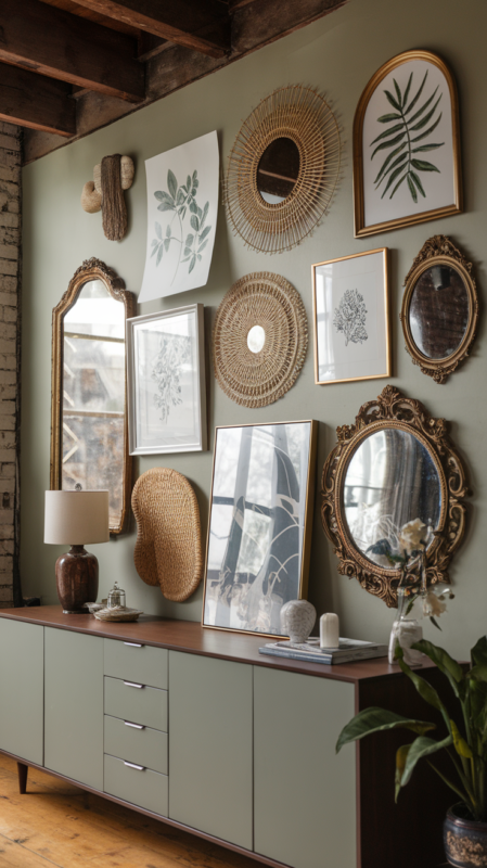 Curated gallery wall featuring mix of botanical prints, woven art pieces, and vintage-inspired mirrors in gold frames