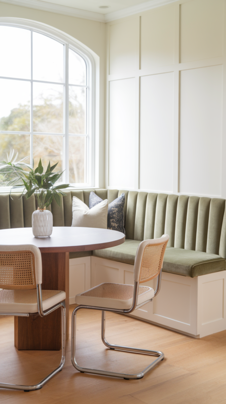 Custom built-in banquette in sage green velvet