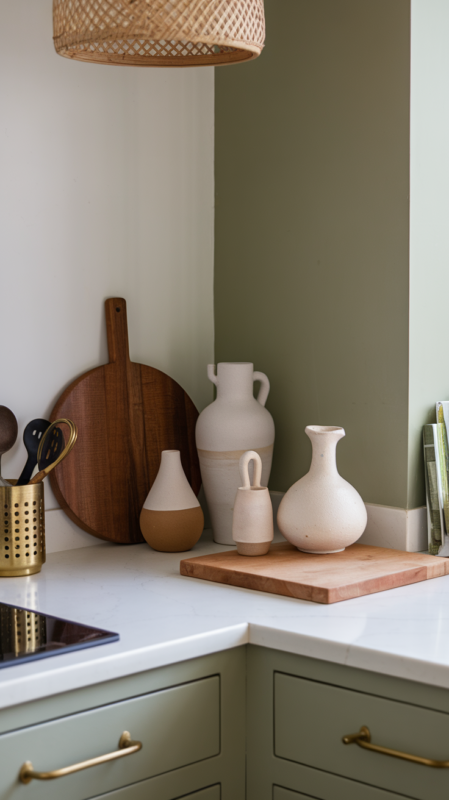 Detail shot of styled kitchen corner showing layered textures