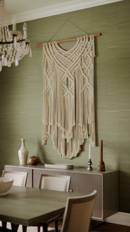 Dining room featuring textured grasscloth wallpaper in sage green