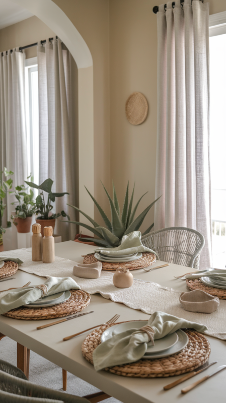 Dining space showcasing layered textiles